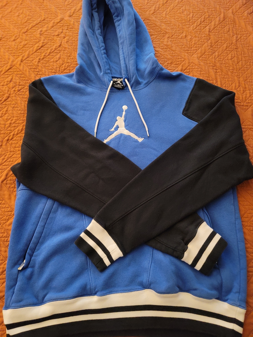 Retro Jordan Blue and Black Pullover Hoodie with White Jumpman
